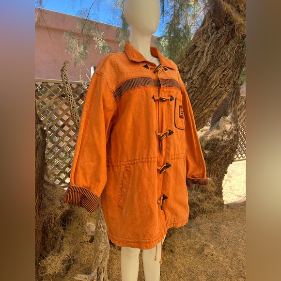 Major Damage Patchwork Drawstring Denim Coat, Mens XXL - Orange/Blk, 90s Vintage - Picture 11 of 12